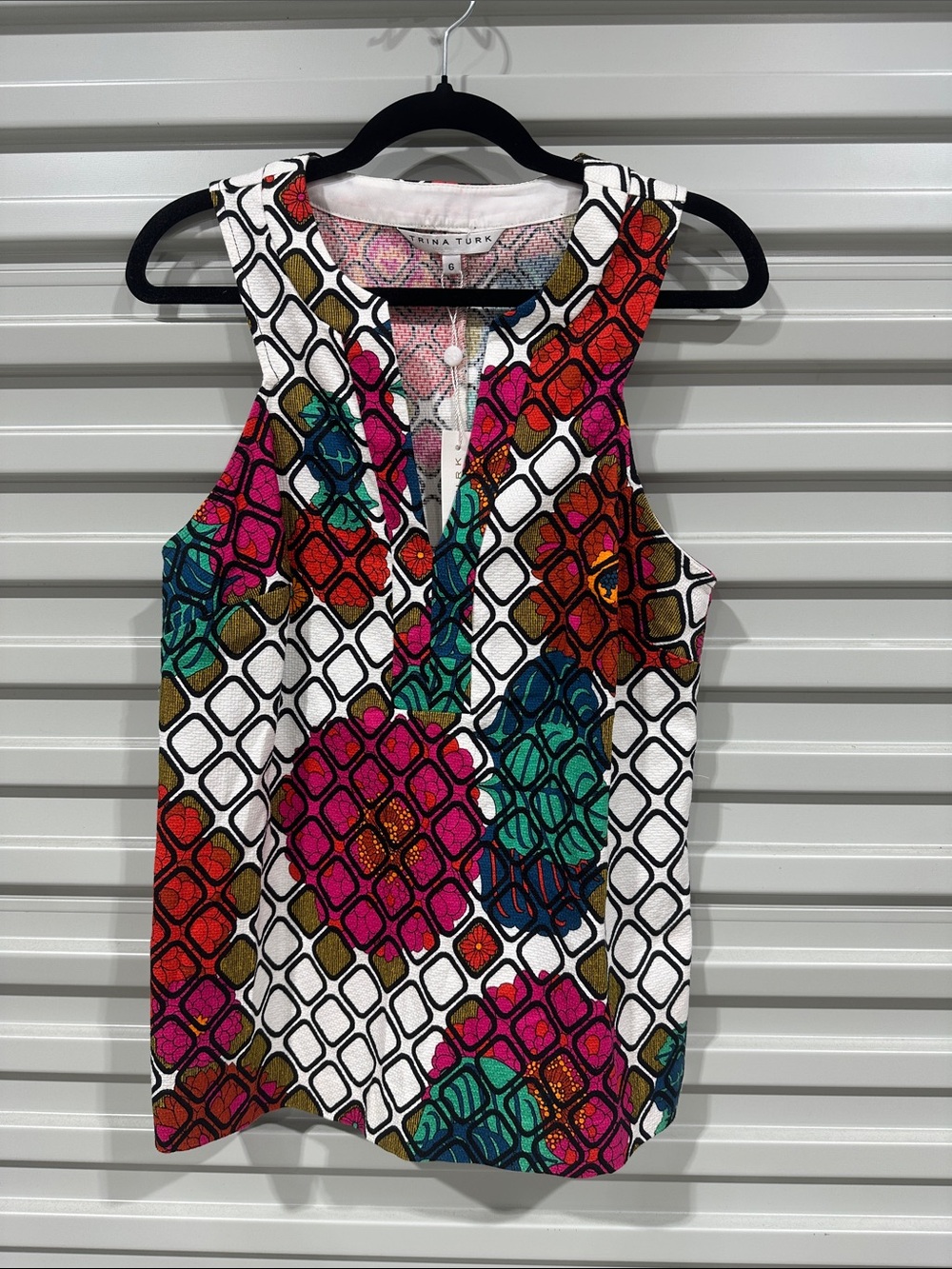 Trina Turk White Multicolor Geometric Tank with Split V-Neck